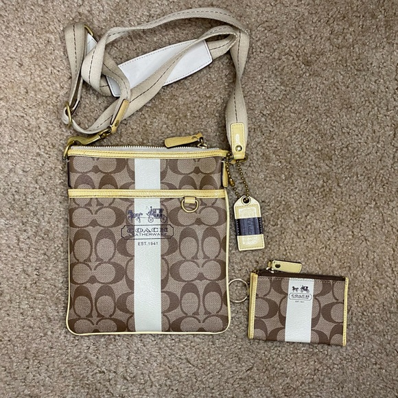 Bundle of Coach Heritage Stripe Cross-body Bag Purse and wallet - Picture 1 of 5